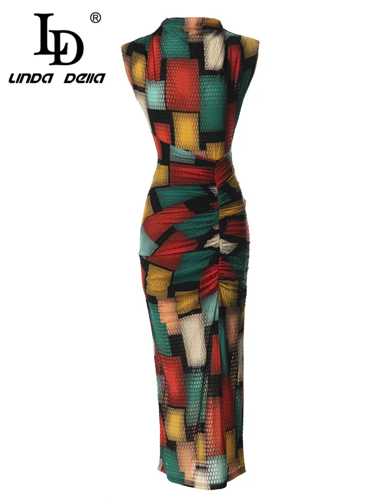 

LD LINDA DELLA Summer Fashion Designer Multicolour Dress Women's Sleeveless Dissymmetry Pleating Split Party Dress