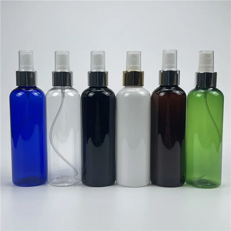 Multicolor 200ml 30pcs Empty Plastic Bottles With Gold Silver Collar Spray Pump 200ML PET Perfume Atomizer Cosmetic Containers