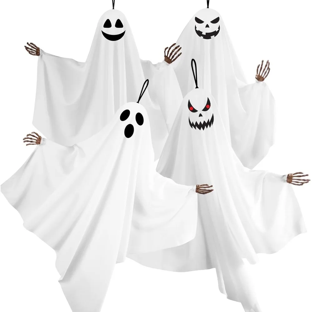 

Hanging Ghosts Halloween Decorations with Skeleton Hands, Spooky Expression for Front Porch and Tree