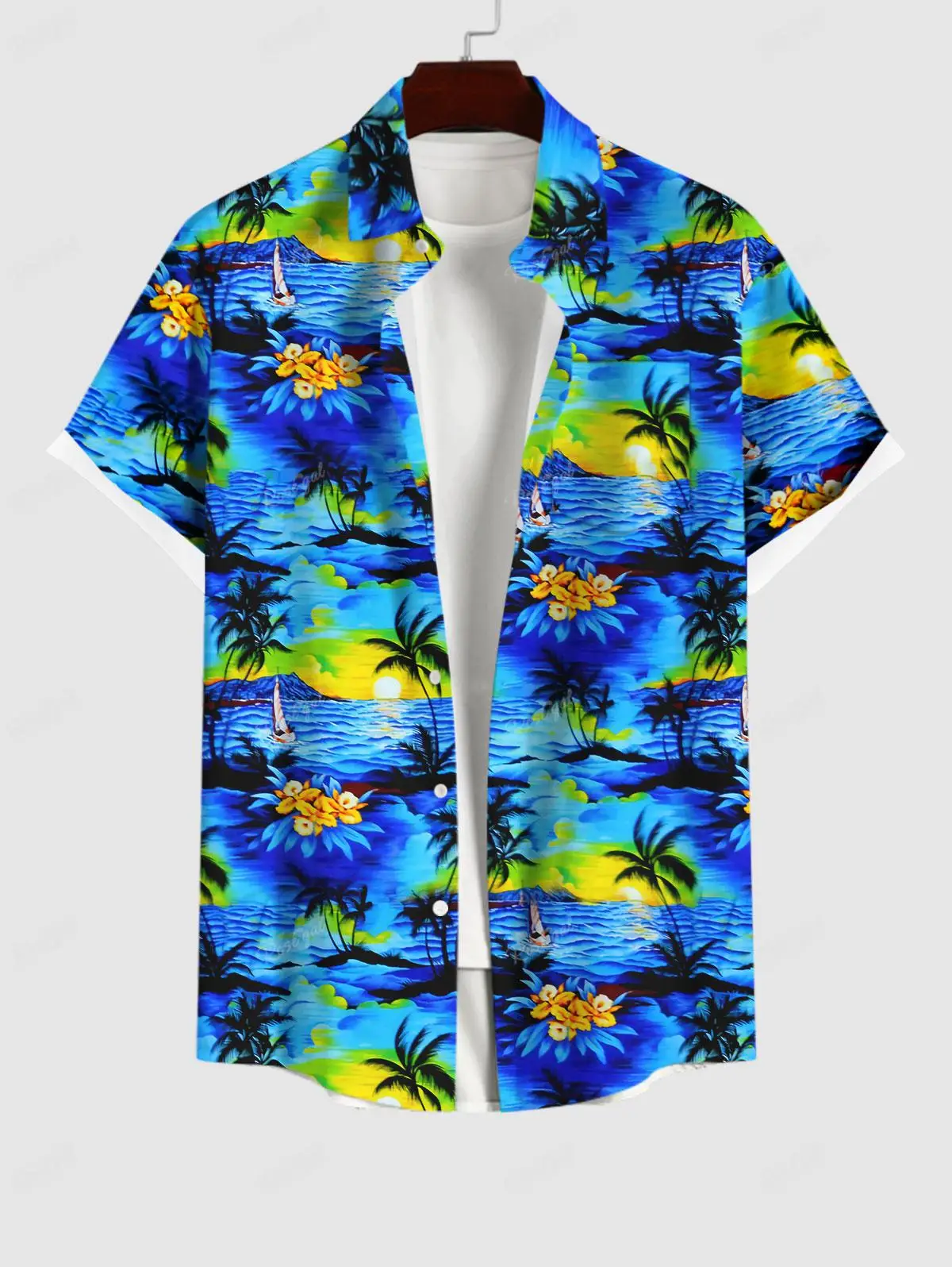Rosegal Matchable Couple Hawaiian Coconut Tree Sea Sun Floral Print Shirt or Plus Size Knee Length Fit and Flare Tank Dress