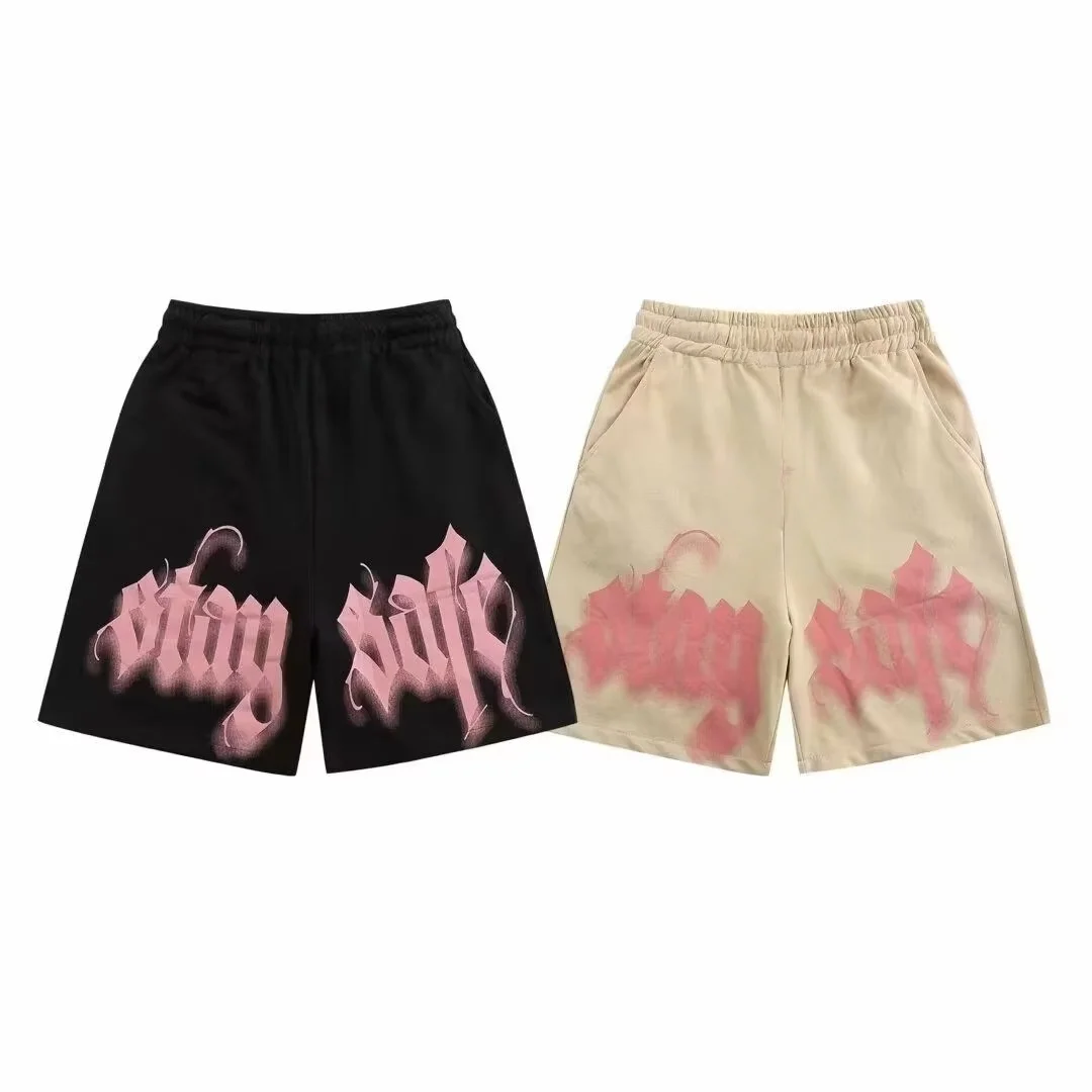

American Trend New Retro Sports High Street Pink Letters Versatile Tide Brand Summer Shorts Casual Printing Loose Shorts for Men