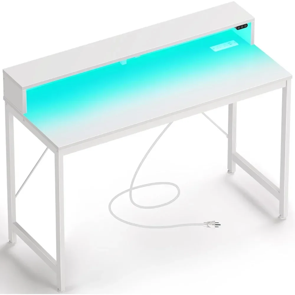 

Computer Desk with LED Lights & Power Outlets, Home Office Desks with Monitor Shelf