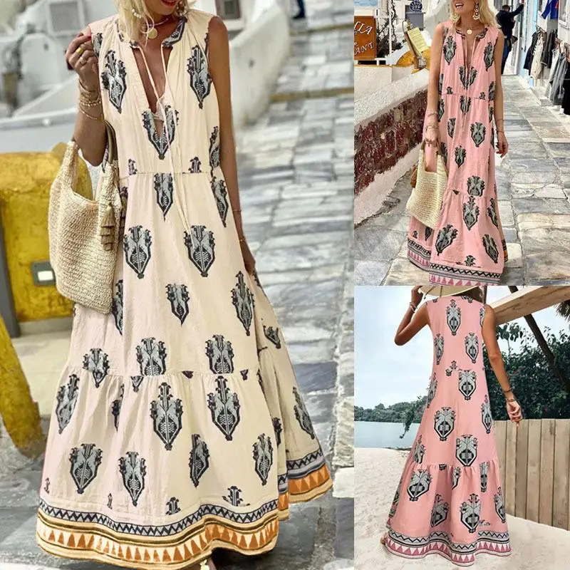 보헤미안 프린트 맥시 드레스 딥 V넥 민소매 여름 드레스 큰 사이즈 캐주얼 스타일 루즈핏 허리 트리아세테이트 섬유