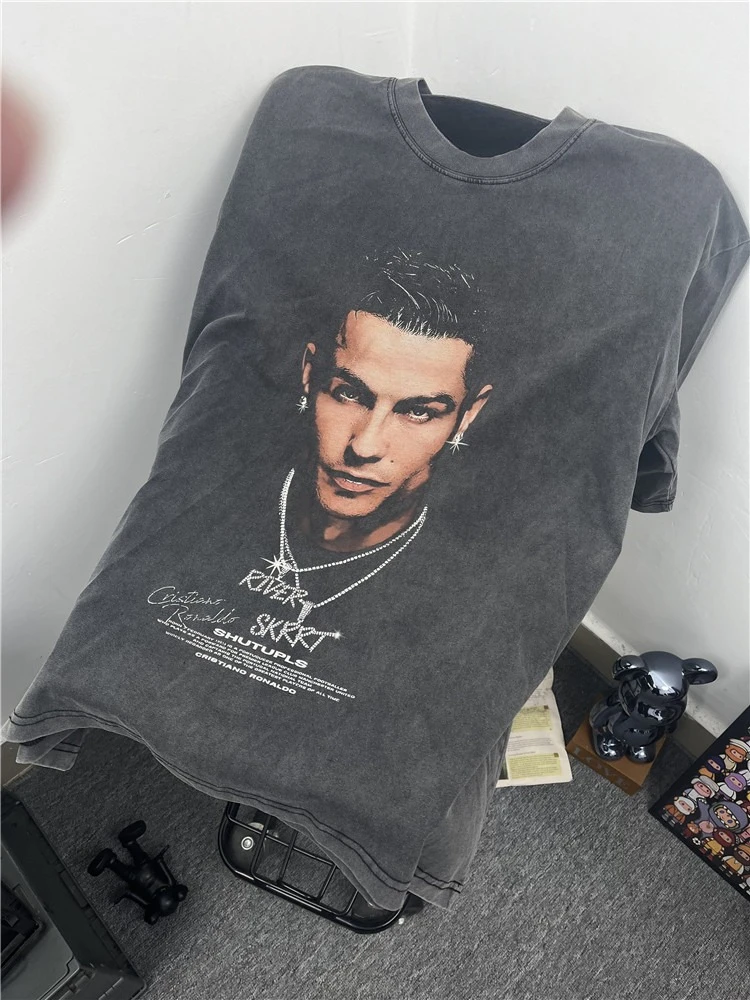 

Футбол Криштиану Роналду BIG FACE Портрет Винтажная стираная старая футболка с короткими рукавами для мужчин и женщин