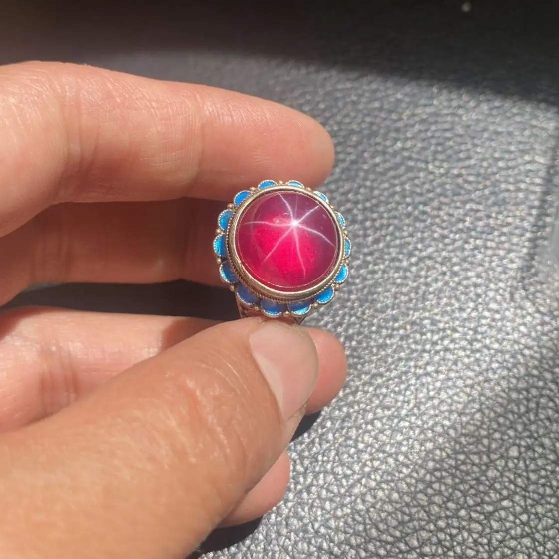Exquisite Handcrafted Silver Star Gemstone Ring with Cloisonne Silver Setting, Open-Back Round Ring Shank, Women's Style Gift