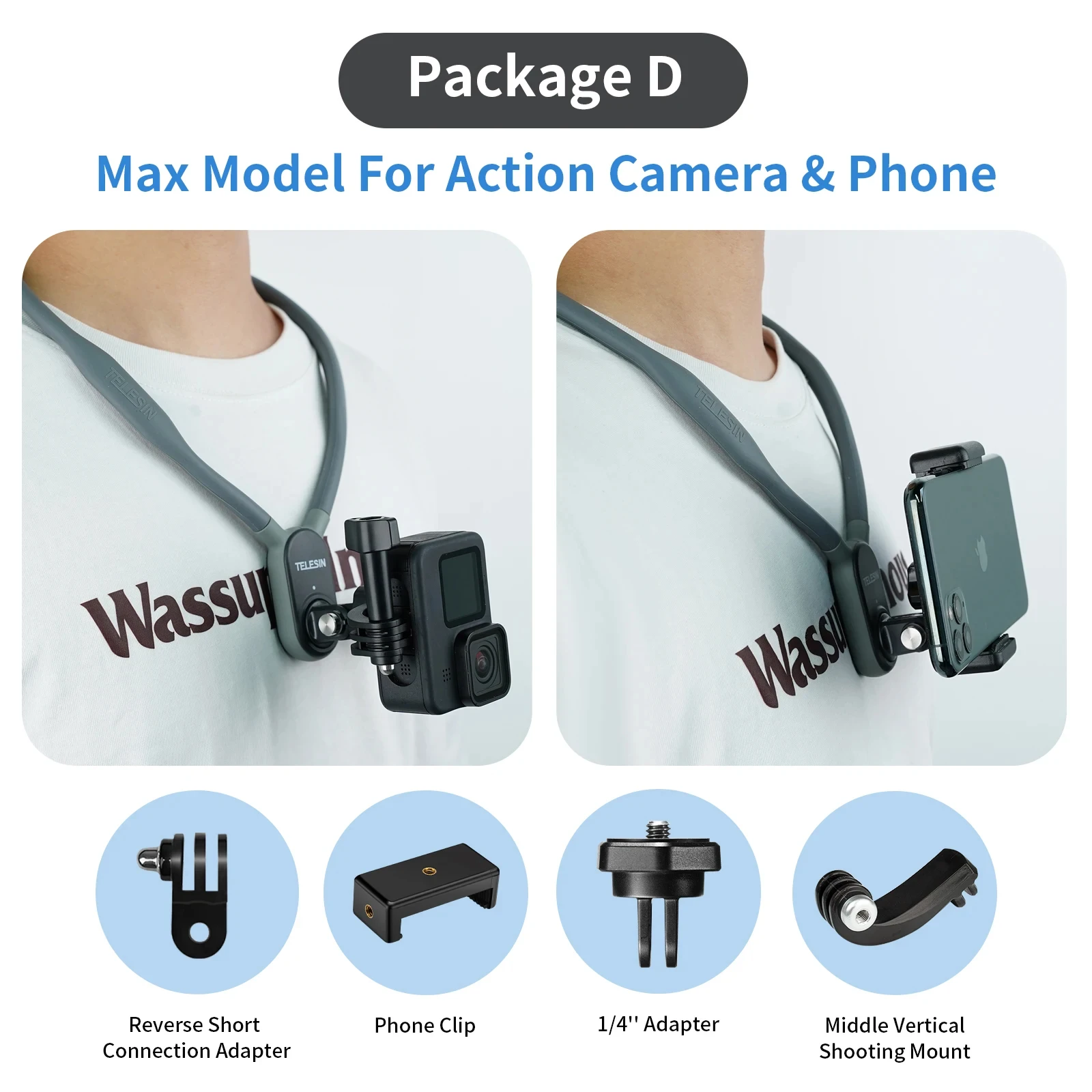 TELESIN Siliconen Neck Hold Mount voor GoPro Hero 13 12 11 10 9 8 Insta360 DJI Osmo Actie Smartphone Magnetische Actie accessoires