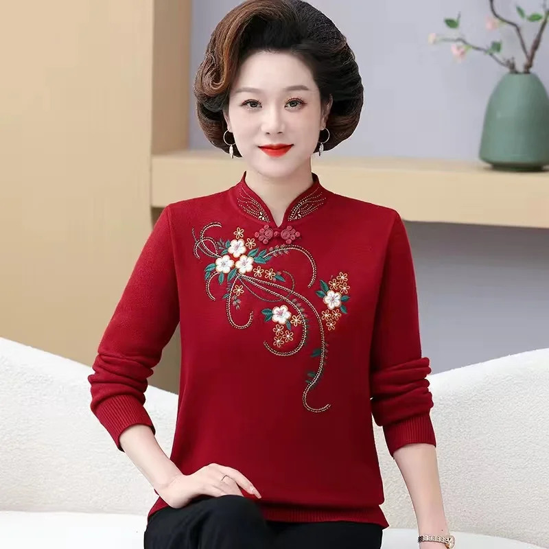 2025Autumn Winter High End Elegant Women Knitted Sweater Thicken Warm Velvet Pullover Large Size Middle Aged Mother Knitwear Top