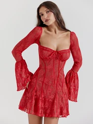 Articat-elegante vestido de retazos de encaje con cuello cuadrado para mujer, manga acampanada, borde con volantes, doble capa, ajustado, fiesta de noche