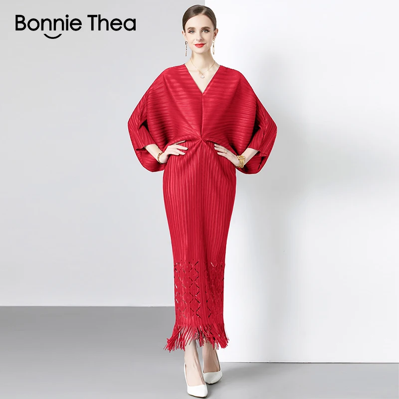 

Bonnie thea Maxi Batwing Sleeves Pleated Dress Women Fishtail Tassel Hollow Dress Vintage Elegant Party Vestidos 2023