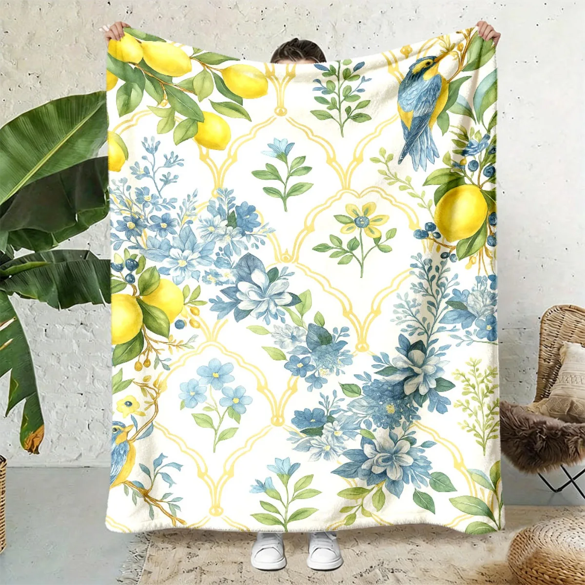 Clean White Backdrop Golden Frame Blue Flower Lemon Bird Fresh Mediterranean Pastoral Full Print Fluffy Blanket Couch Gift