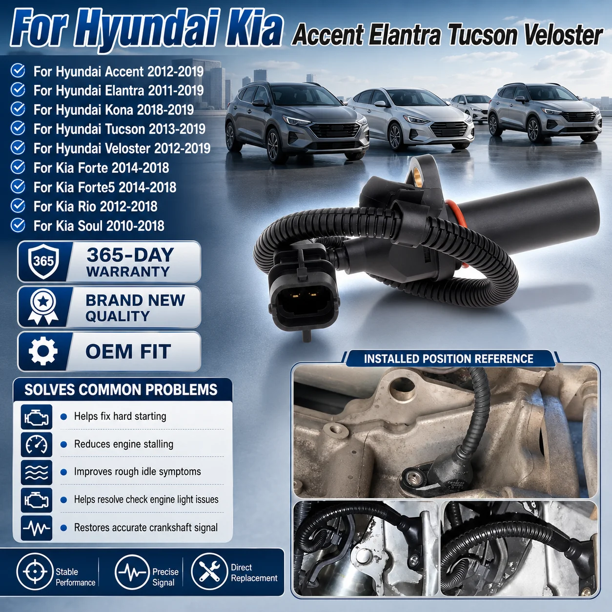 Crankshaft Position Sensor For Kia Hyundai Accent Elantra Tucson Veloster 2012-2019