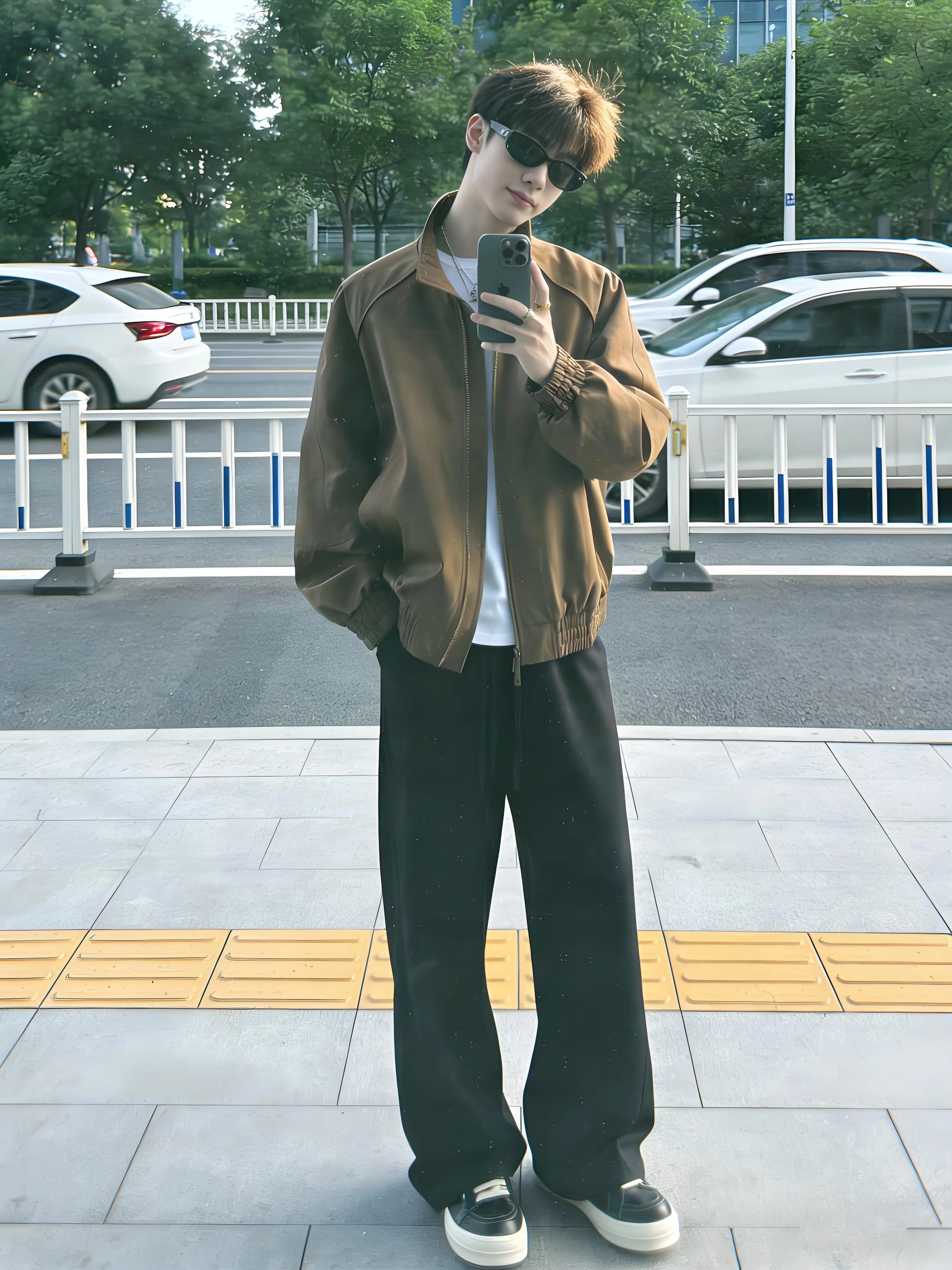 Brown American Pilot Short Wide Cleanfit Stand Collar Workwear Style Jacket Men's Autumn Boxy Shoulder Male Model Outerwear
