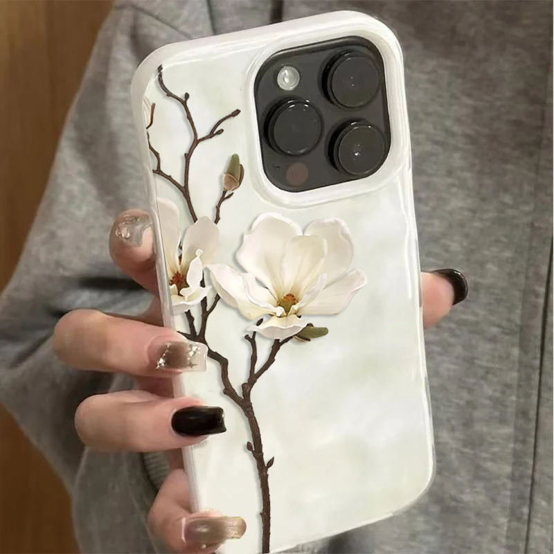 Magnolienblüten Einfache Handyhülle für iPhone 17 16 15 11 14 13 12 Pro Max Plus 17Air Falten-Wellen Weiche Silikon-TPU-Schutzhülle – Detail 1