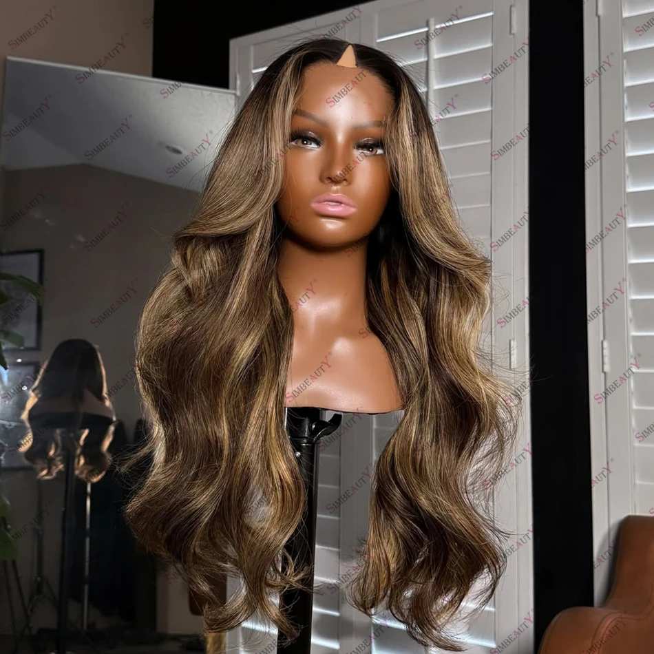 Super Wavy Brown Blonde Highlight Long Human Hair Glueless U Part Wig for Black Women 250Density Remy Indian V Part Wig Highligh