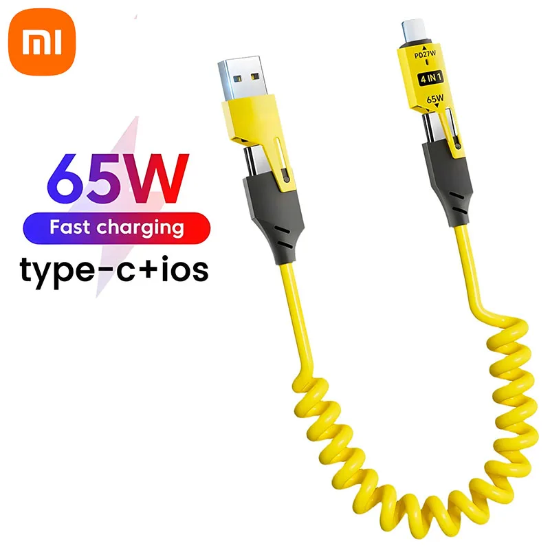 XIAOMI 4 in 1 65W Spring Short Data Cable 6A USB Type C Spring Telescopic Quick Charger Wire Spring USB Cable for iPhone 15 14