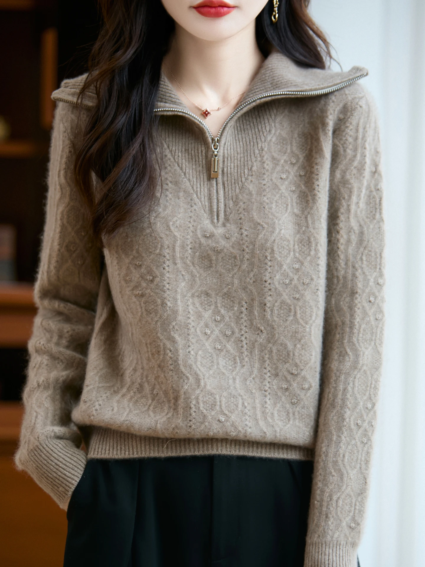 

Осень-зима, 100% мериносовая шерсть, женский утолщенный повседневный модный вязаный кашемировый свитер с витым узором и полумолнией