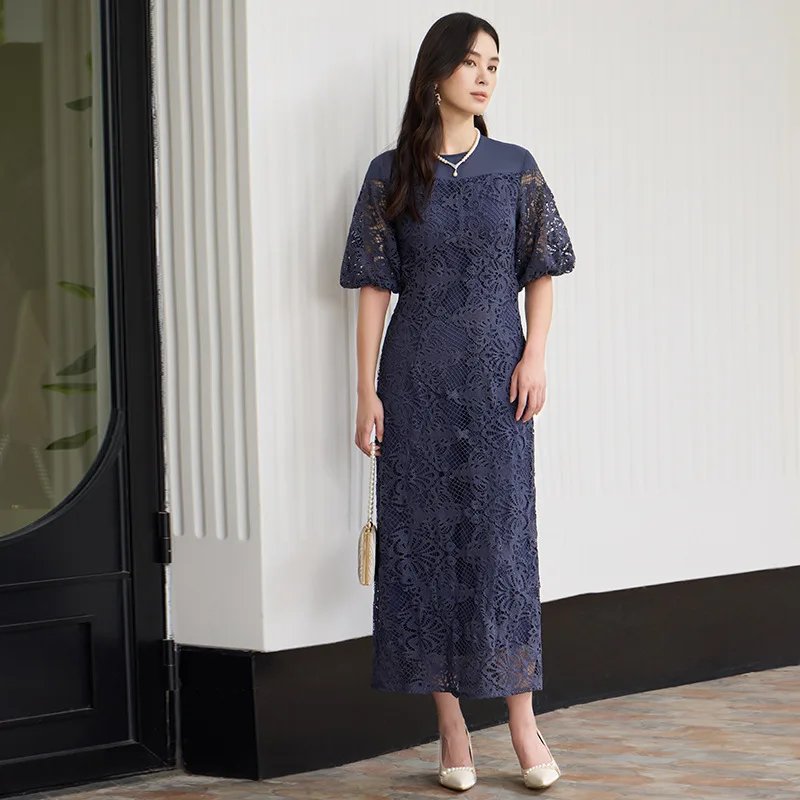 

Chic Round Neck Lace Tea Length Semi-formal Party Dress With Short Sleeves