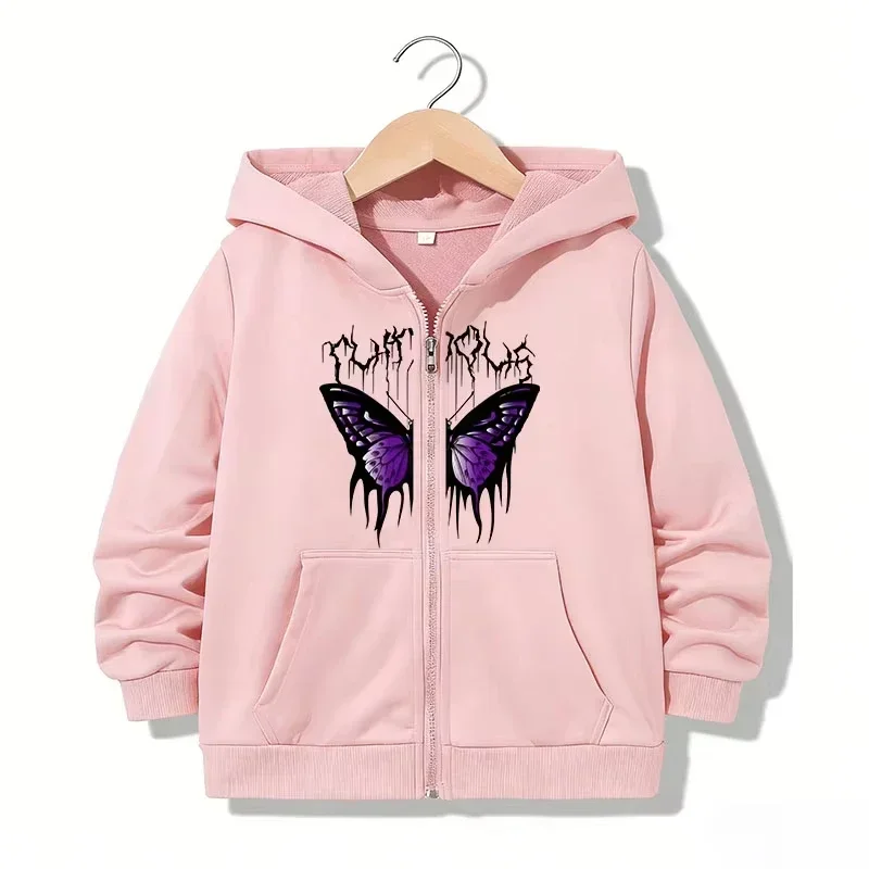 Children Black Zip Hoodie Dark Letter Purple Butterfly Pattern Long Sleeve Loose Fit Hooded Jacket Youth Fashion Top