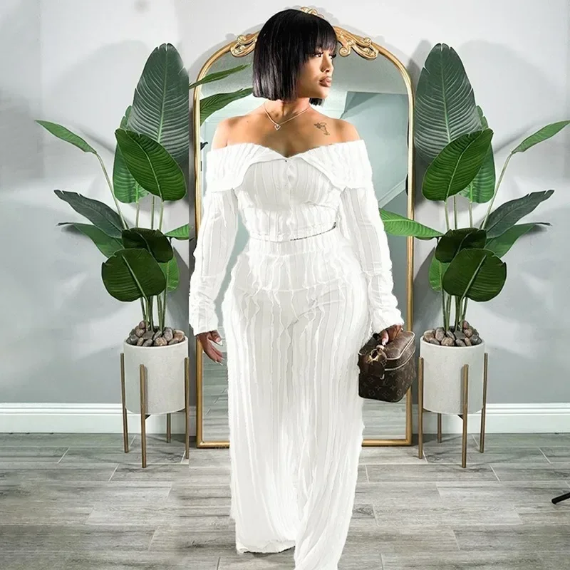 

GUWU Vintage Women Long Sleeve Strapless Button Crop Top and Wide Leg Straight Pants Set Summer Two 2 Piece Set Outfits