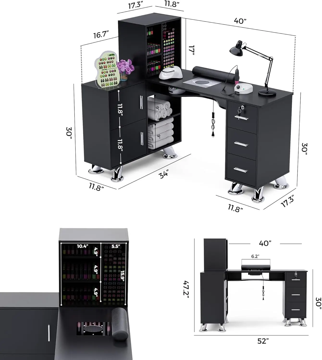 Table Nail Station w/Dust Collector - L-Shaped Nail Tech Table with Shelves, Storage Cabinets, Drawers, Metal Handles &