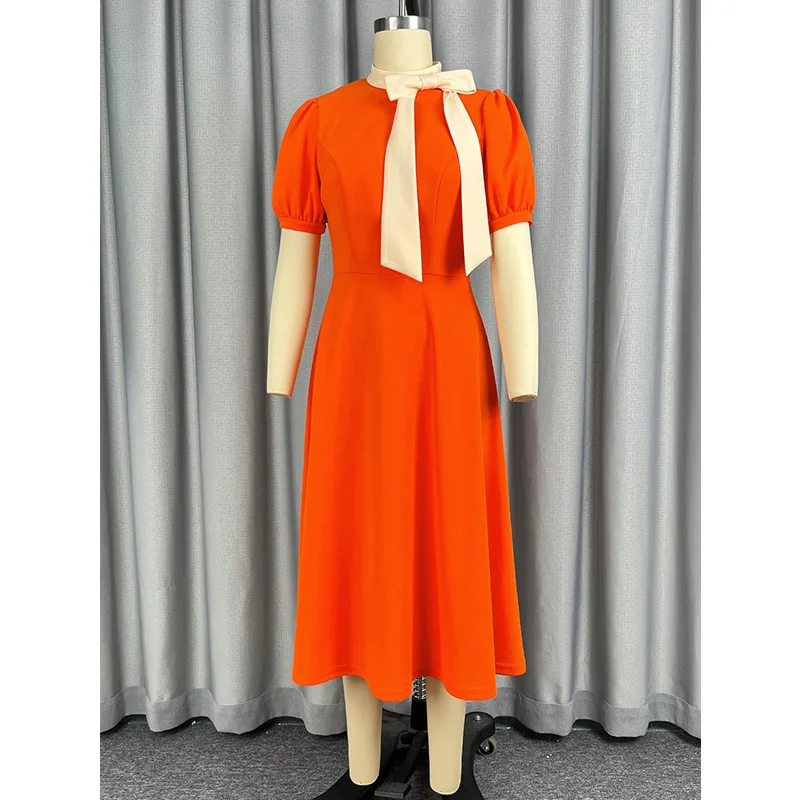 Slergiri Plus Size Mock Neck Contrast Bow Puff Sleeve Dress Women 2026 Summer High Waist Office Ladies Elegant A-Line Dresses