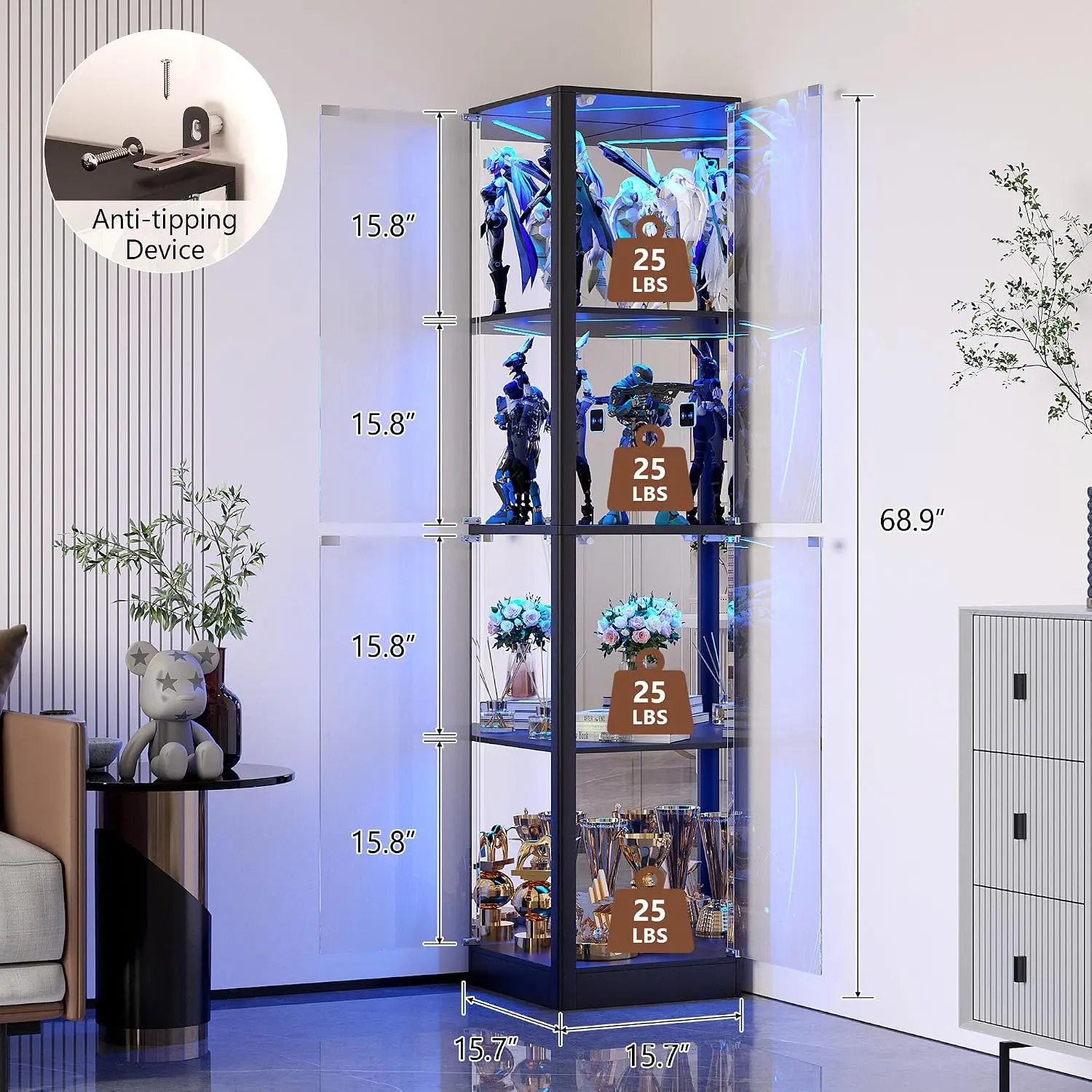 68'' Corner Glass Display Cabinet with LED Lights | Curio Cabinet with Glass Doors, 4-Tier Display Case for Collectibles, Lighte