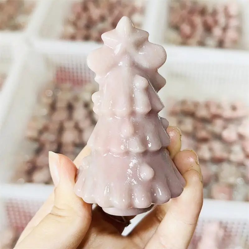 Natural Pink Opal Christmas Tree Carving Healing Reiki Christmas Gift For Children Or Home Decoration Gift 1PCS