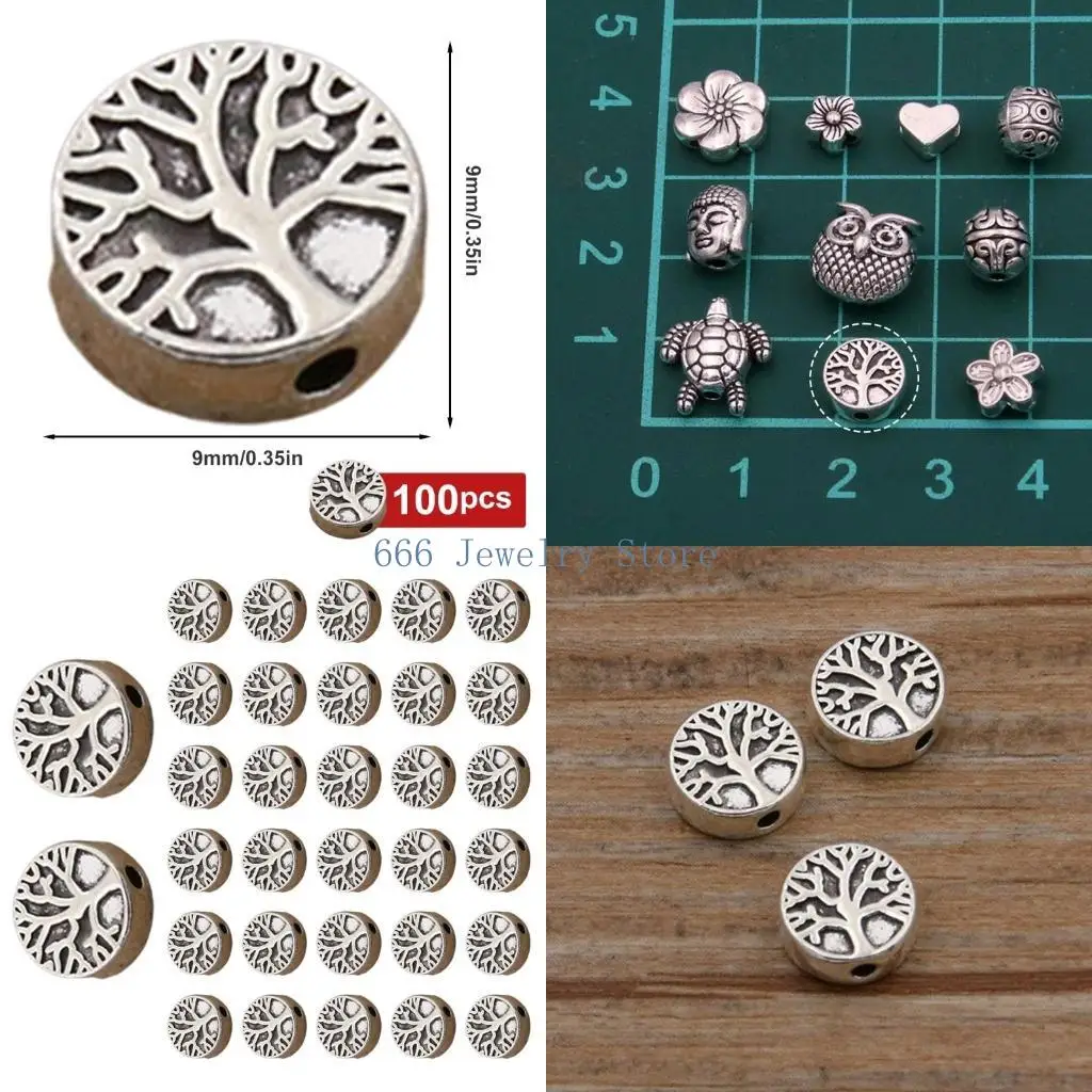

F2TD 100 Pieces Antique Silver Life Tree Beads Sturdy Alloy Spacer Charm Fit for European Bracelets and Crafting Projects