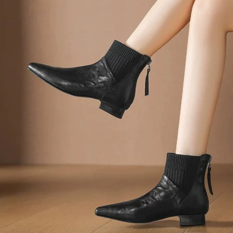 Retro Knitted  Boots Women's Autumn Winter High Heel Pointed Toe Thick Heel Short Boots Fashionable Leather Boots