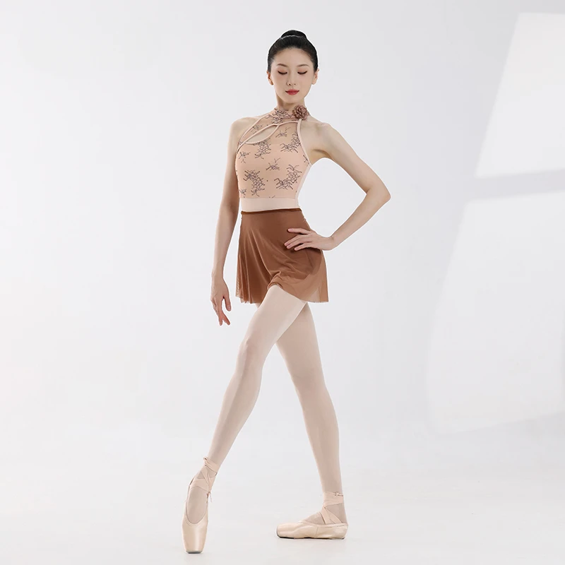 Women Chinese Inspired Ballet Leotard Lace High Neck Detachable Flower Cut-Out Design Dancewear Gymnastics Training Body Suit