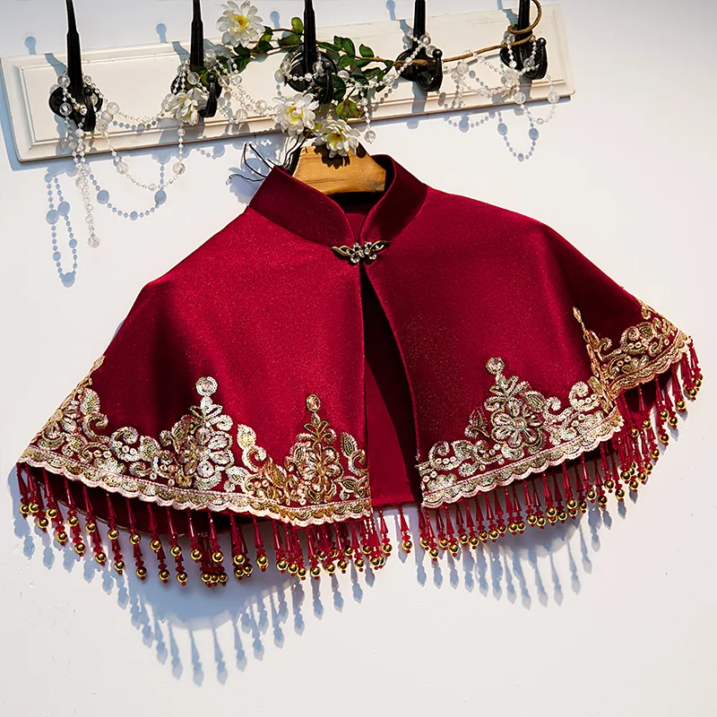 Women\'s Vintage Embroidery Red Tassel Pashmina Female Autumn Winter Shawl Cloak Red Collar R1700