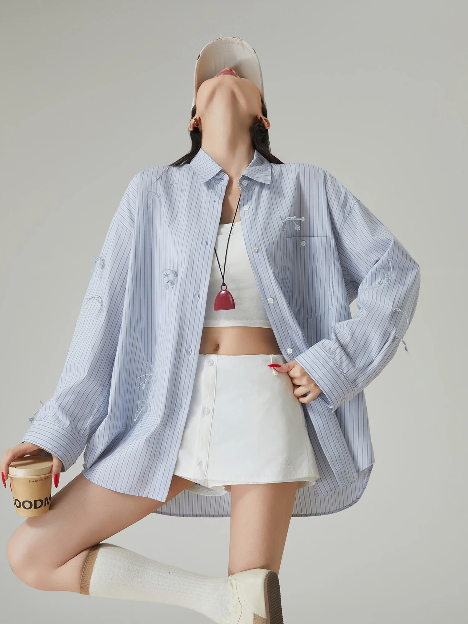 

Blue Meteor Flower Loose Fit Striped irt Women's Spring Summer New Design Korean Sle Slimming Top Turn-down Collar Blouse