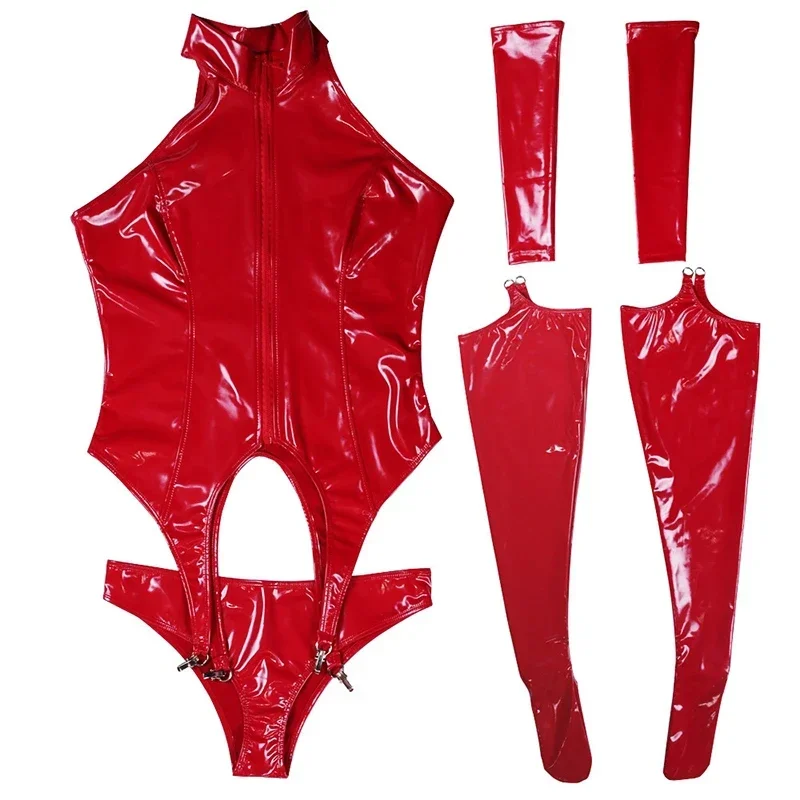 Sexy Wetlook Faux Latex Uniform Cosplay Women 4pic Suit Shiny Patent Leather Exotic Lingerie Costume Maid Servant Fetish Custom