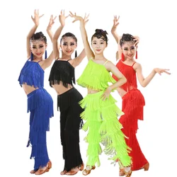 Kids Latin Dance Costumes Fringe Tassel Tops Pants Girls Competition Ballroom Dancing Salsa Samba Children Stage Outfits Costume