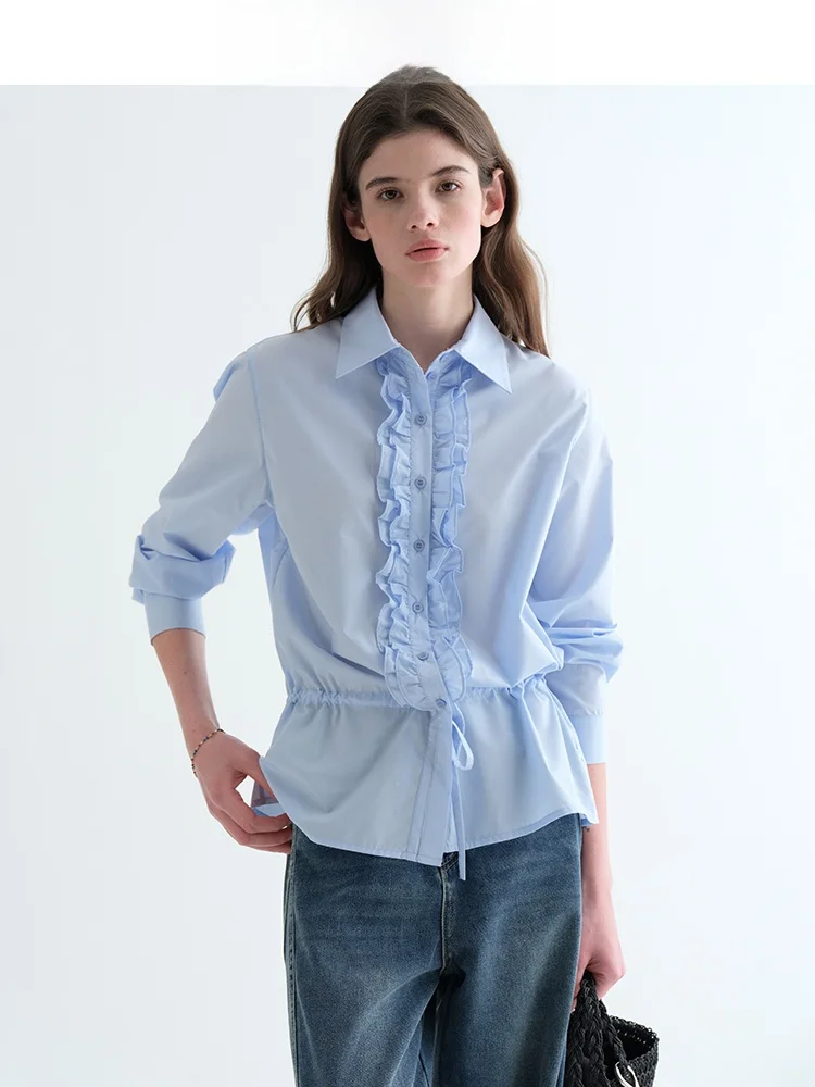 

Синяя женская рубашка с длинным рукавом Jiujiu в стиле ретро с деревянным узором, весенняя, с поясом на талии, повседневная, свободного кроя, из полиэстера