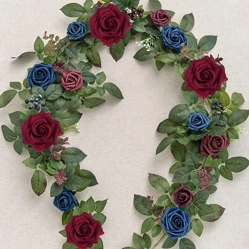 

Long Burgundy Navy Artificial Rose Runner, Rustic Flower Garland, Floral Arrangements, Wedding Ceremony Backdrop Arch