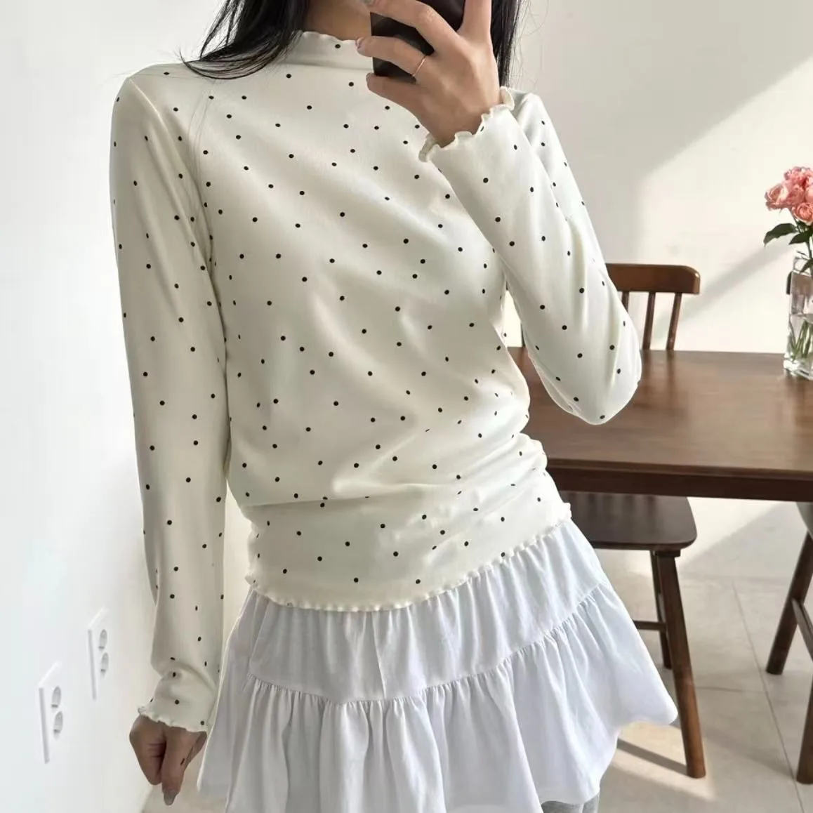 

Women's Long Sve T-irt Spring Autumn New Sle Korean Chic Sweet Soft Polka Dot Base Versatile Slimming Top