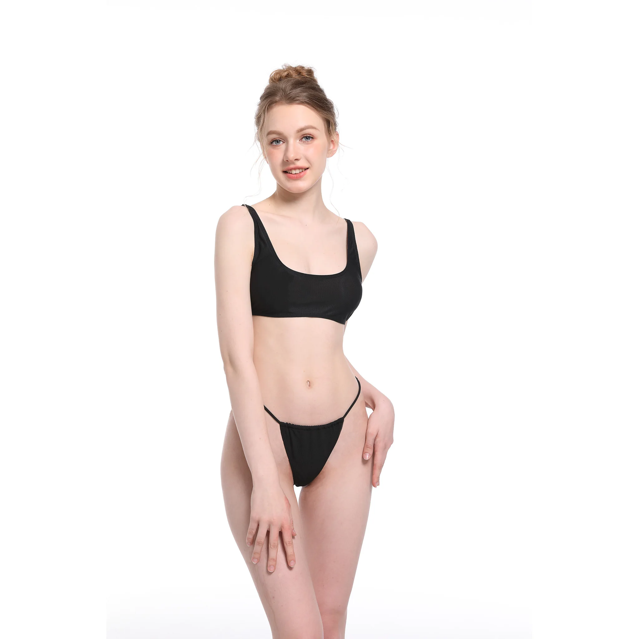 Volagor All Over Tanning Bikini Set Sun Permeable Two Piece Swimsuit Fixed Cami Top Minimalist Micro Triangle Briefs