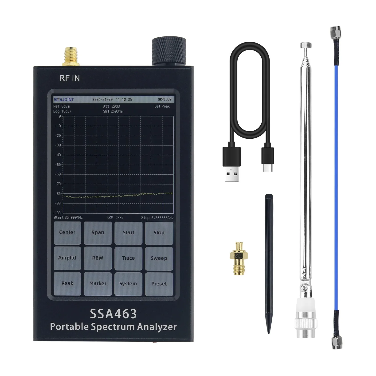 HamGeek SSA463 Portable 35MHz-6.3GHz High Precision Spectrum Analyzer 2MHz/250kHz/15kHz Switchable RBW with 4.3-inch Screen