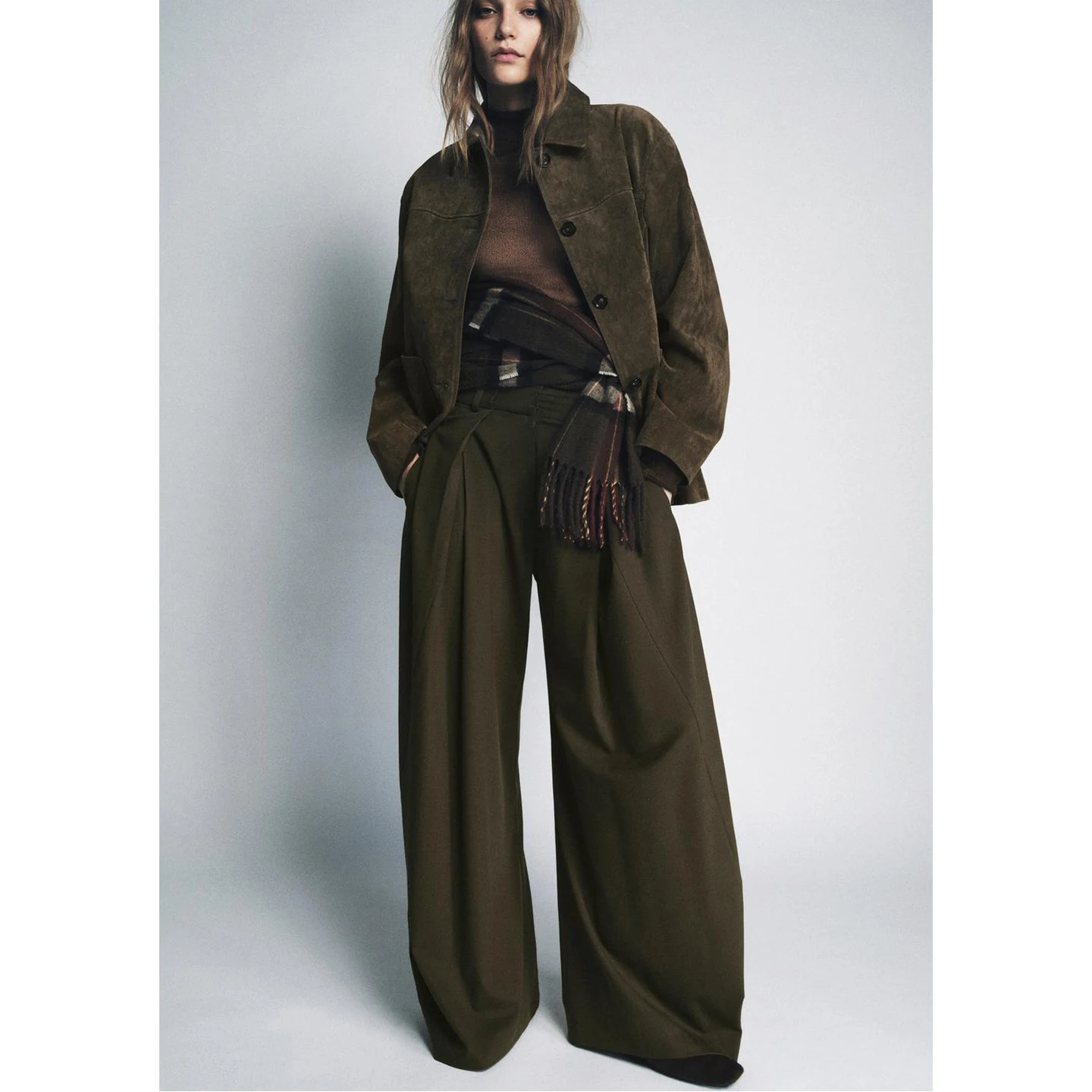 Winter New Women's Loose Trousers Metal Hook Decoration Pleated Wide Leg Casual Pants Natural Waist Zipper Polyester Fiber