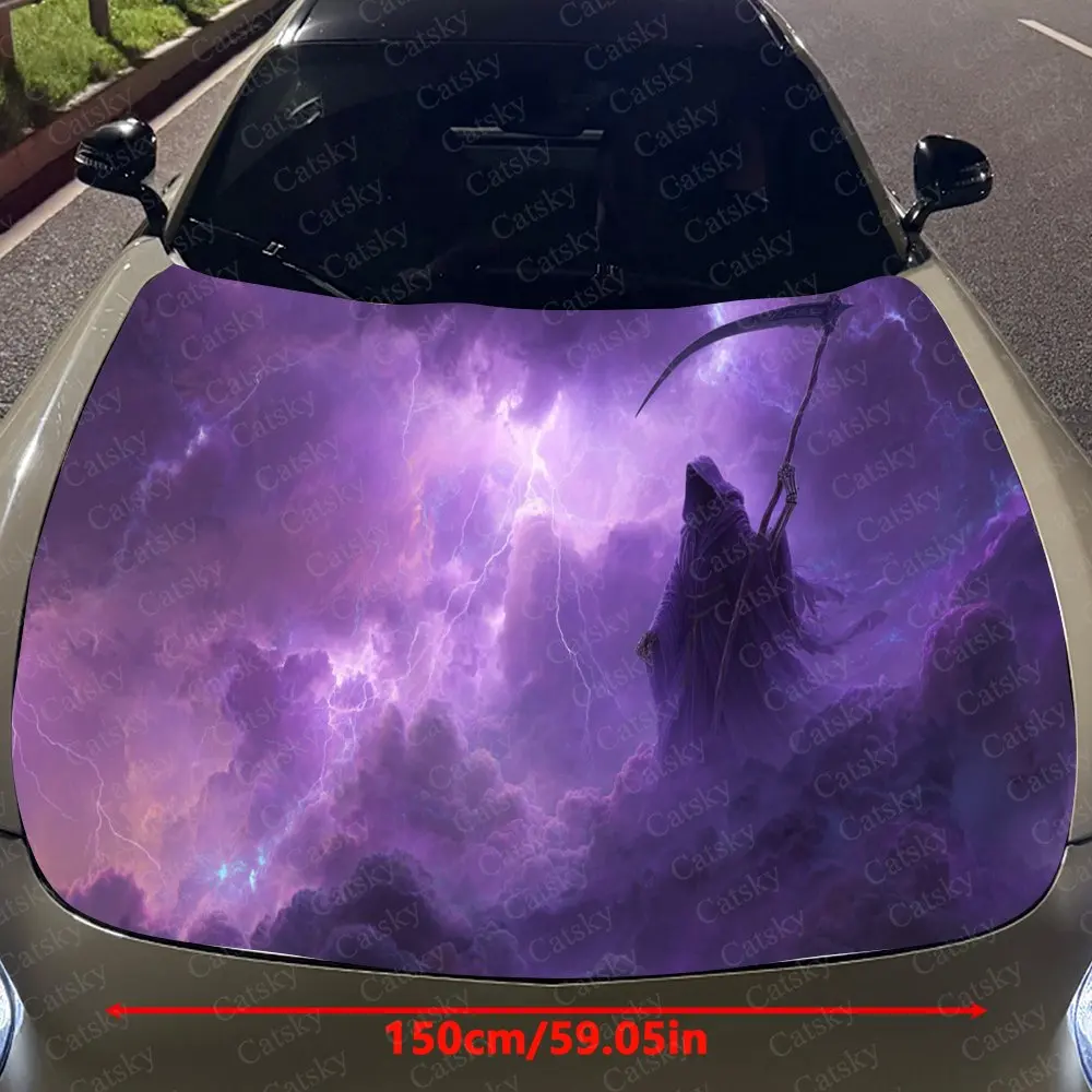 Purple Lightning Grim Reaper and Clouds Auto Cover Sticker, Waterproof and Self-adhesive Auto Hood Decal, Auto Vinyl Wraps, Cool