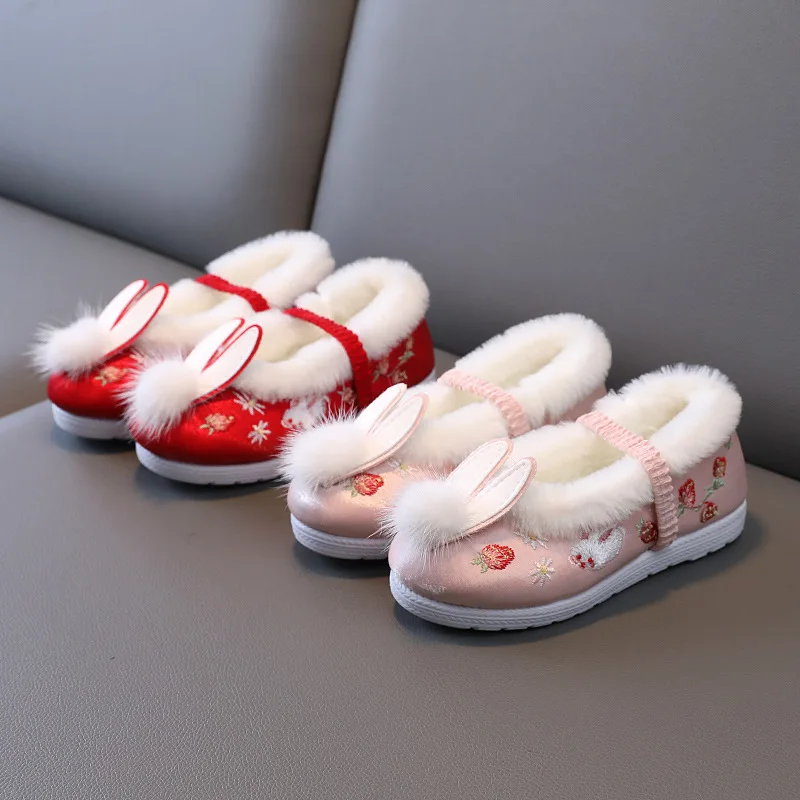 Velvet Cotton Shoes Winter Children Hanfu Plush Baby Girls Flowers Embroidery Chinese Vinage Princess Kids Beads Tassel Flats