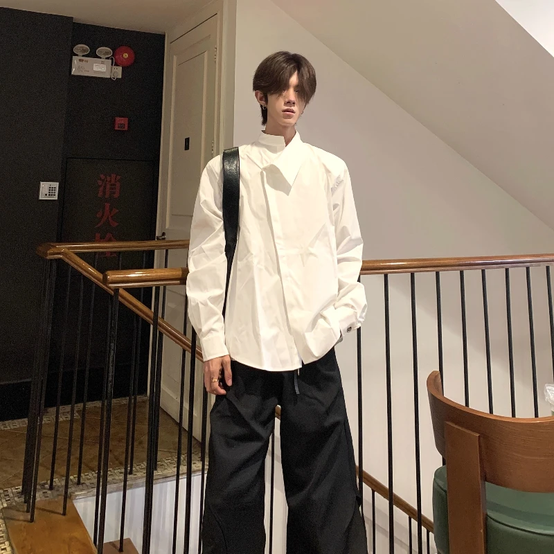 Men's 2025 Autumn New Chic Tops Loose Versatile Trendy Padded Shoulder Shirts Simple Design Irregular Collar Long Sleeve Shirts