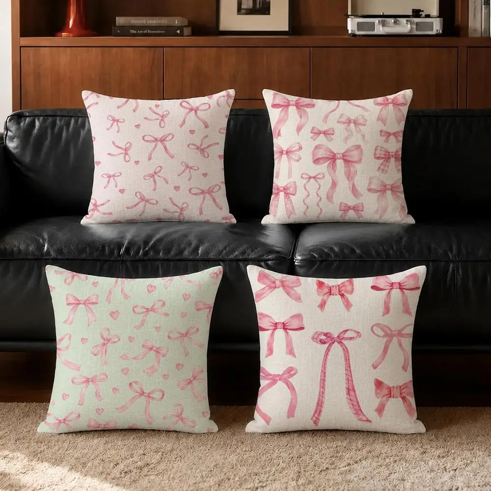 Pattern Pink Bow Cherry Cushion Cover Cushion Covers Natural Linen Breathable Sofa Bedroom Decor Pillowcase