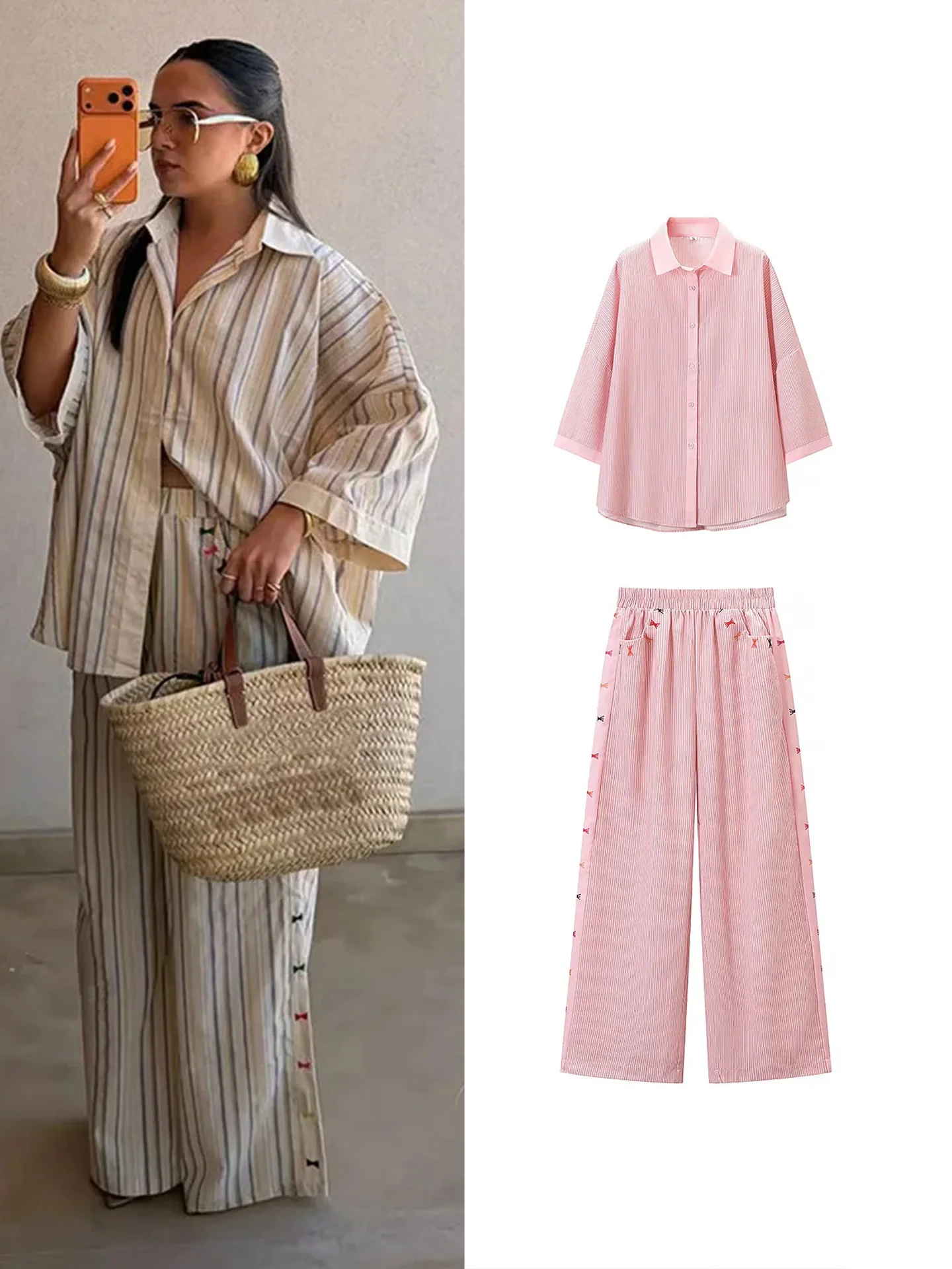 Autumn New Women's Long Sleeve Turn-down Collar Single Button Casual Shirt Top with Elastic Waist Long Pants Two-piece Set