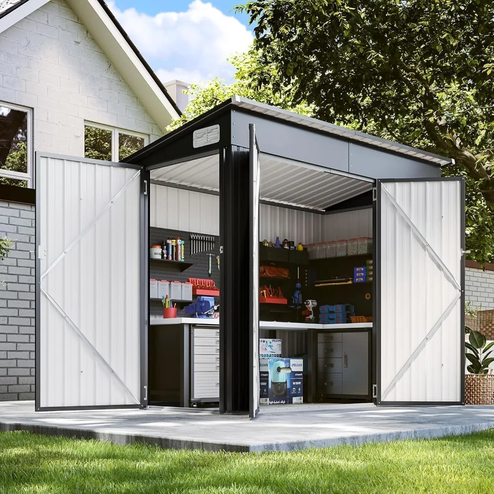 

8'x4' Shed Galvanized Steel Storage Sheds with Triple Doors Weatherproof Outdoor Utility Sheds, Dual Lock Lean to Shed with Slop