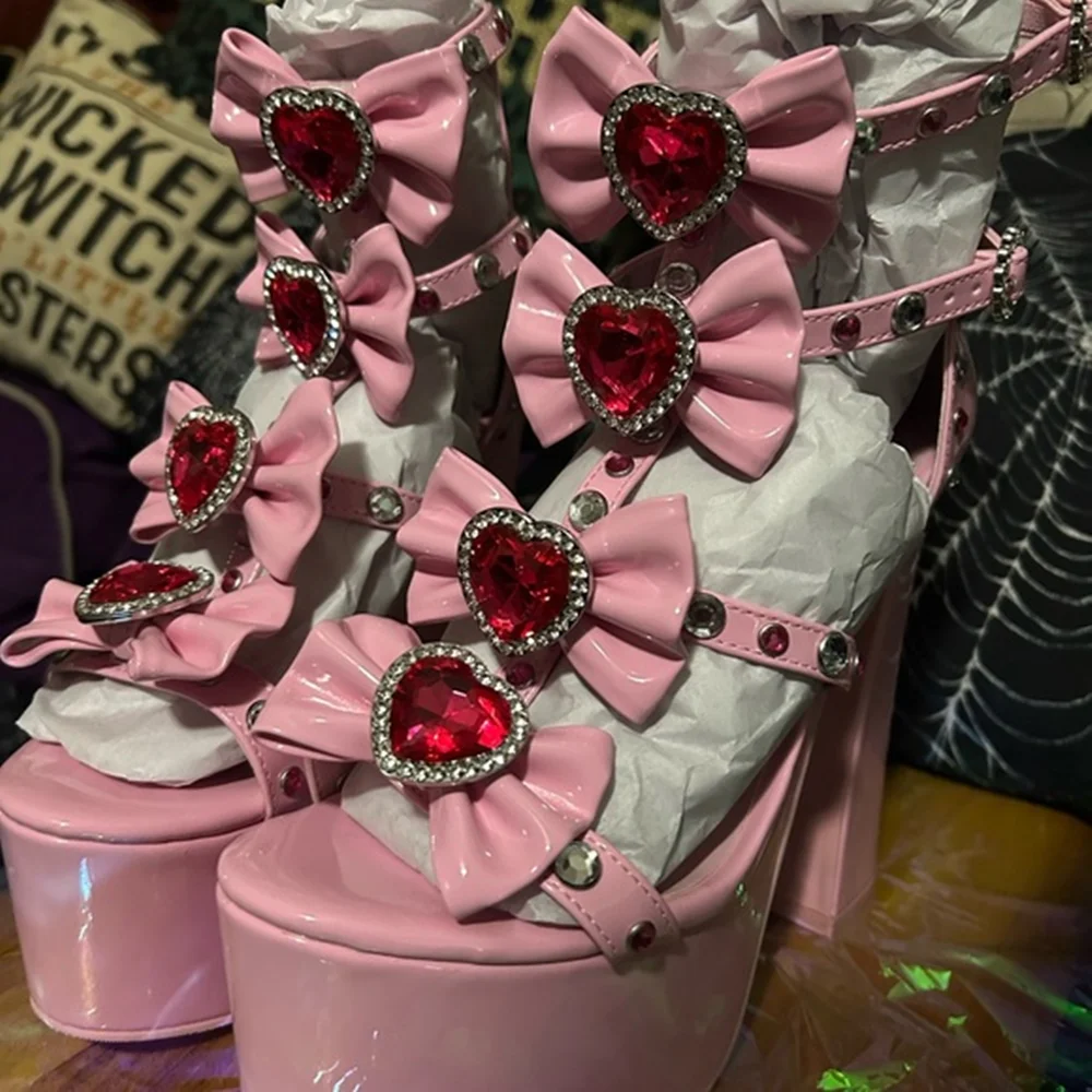 الباستيل الوردي منصة كتلة كعب الصنادل متعددة الأشرطة رصع لهجات الأزهار وأحجار كريمة الزينة الحلو مكتنزة وحيد أحذية نسائية #3