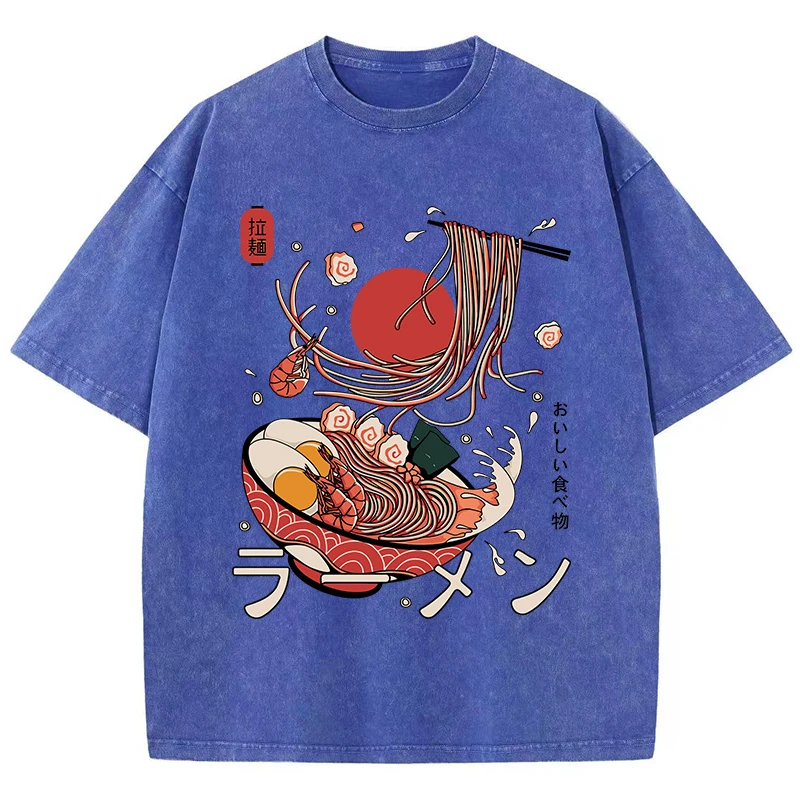 Ramen Noodles Cotton Washed T-Shirt Women Harajuku Printing Tops Comfortable O-Neck Oversized T Shirts All-Match Woman Clothes