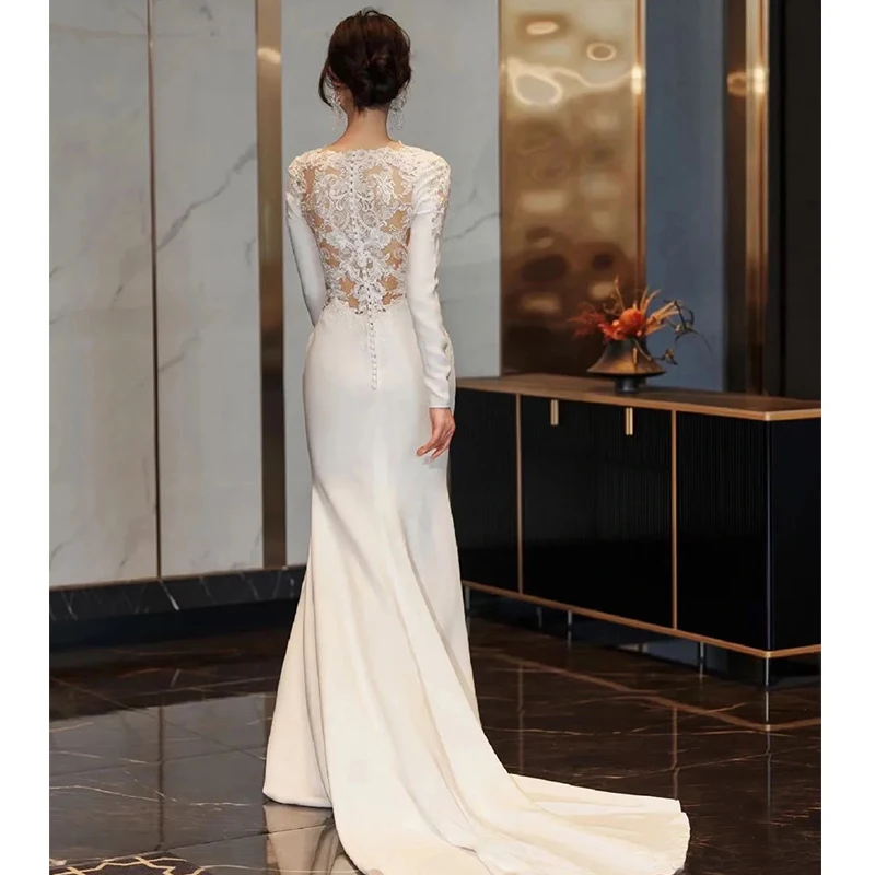 Vestido de novia blanco con encaje, traje elegante de sirena con cuello en V, foto Real, 2023