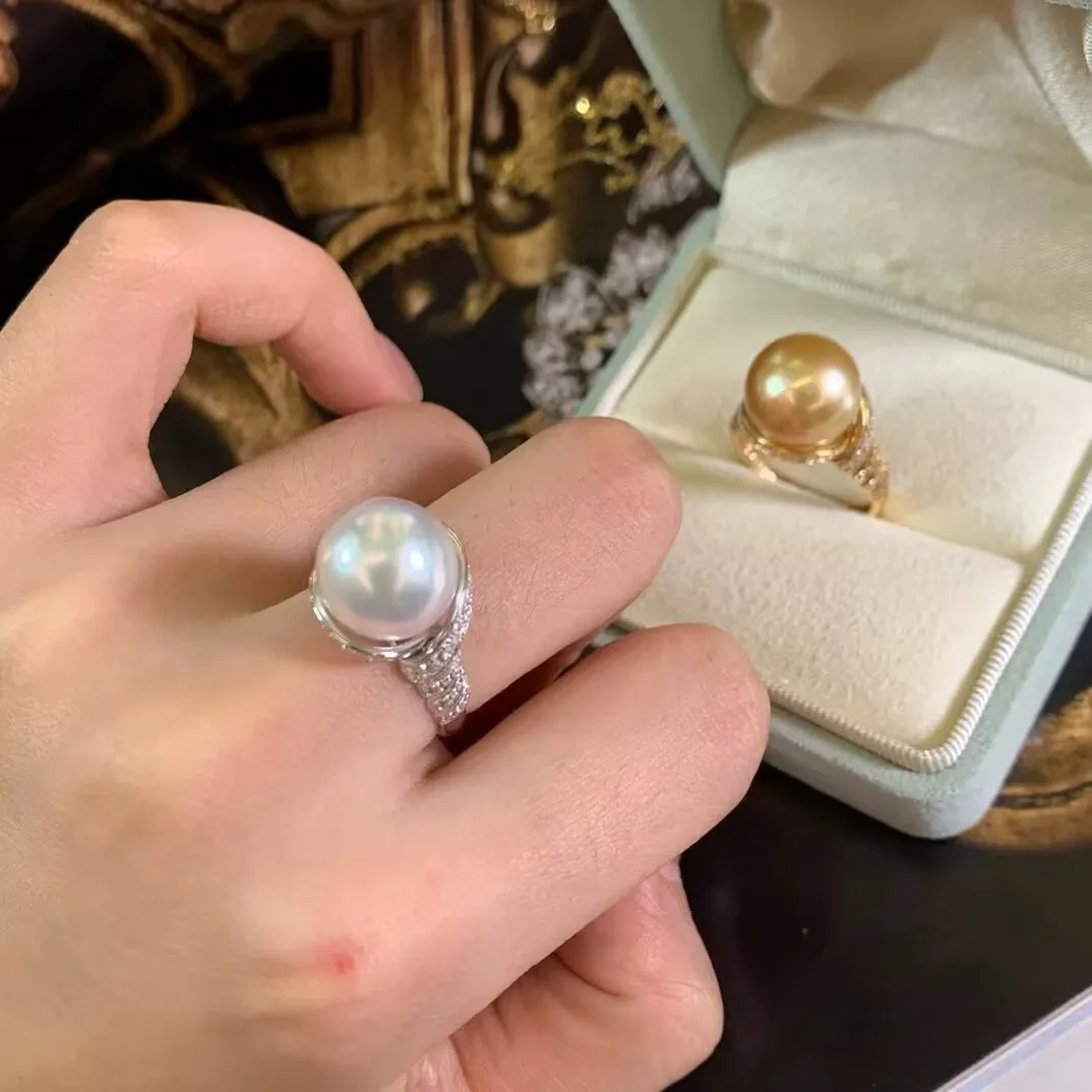 

Gorgeous ring AAAA 11-12mm natural South Sea round bead ring 925s/adjustable ring mouth